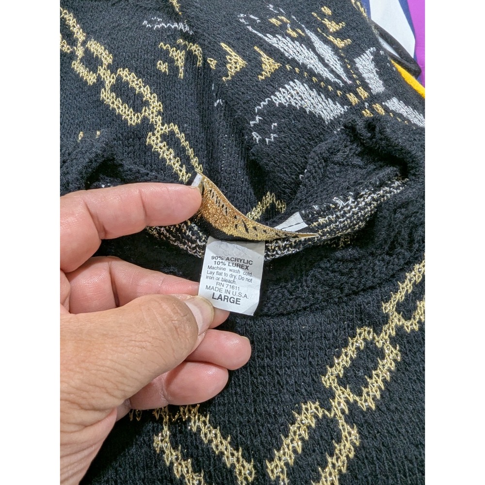 Dana Scott Sweater Large Black Gold Silver Fair Isle Snowflake Holiday‎ Pullover - Picture 4 of 8
